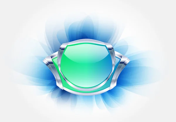 Distintivo metallico verde e blu con cristallo su fondo blu morbido — Vettoriale Stock