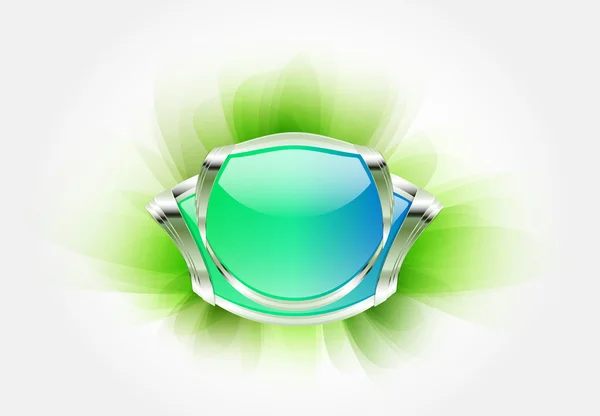 Blue metallic badge with crystal on soft green background. — Stock Vector