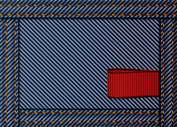 Denim blu tessuto vettoriale sfondo tessile con un tag nastro rosso — Vettoriale Stock