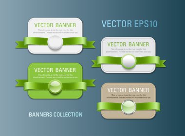 Yatay vektör promosyon afiş kümesi yeşil şeritler ve çeşitli plastik yuvarlak mühürler ile dekore edilmiştir.