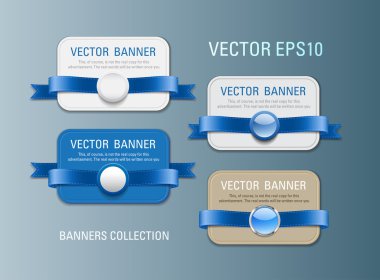 Yatay vektör promosyon afiş kümesi mavi kurdele ve çeşitli plastik yuvarlak mühürler ile dekore edilmiştir.