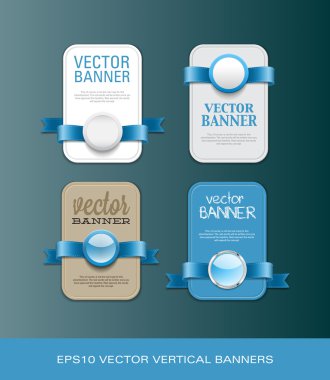 A set of vertical vector promo banners decorated with blue ribbons and various plastic round seals
