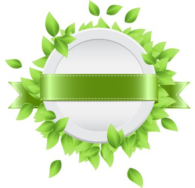 Beyaz plastik afiş vektör - saten kurdele ve taze yeşil yaprakları ile süslenmiş rozeti