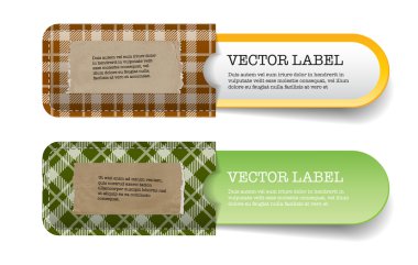 tasarlamak vektör vintage yeşil ve sarı Etiketler ile dokulu tartan cepler ve yırtık eski kağıt etiket üstünde o