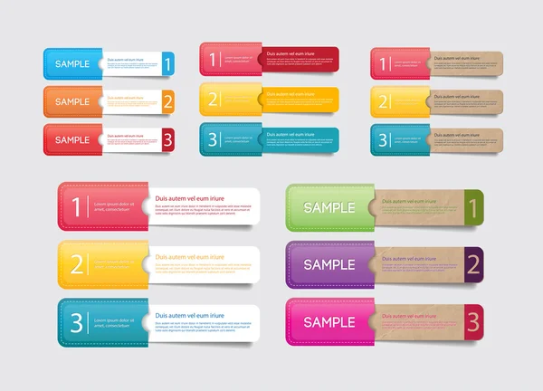 Etiquetas de papel vectorial abstracto con bolsillos de colores - uno dos tres pasos — Vector de stock