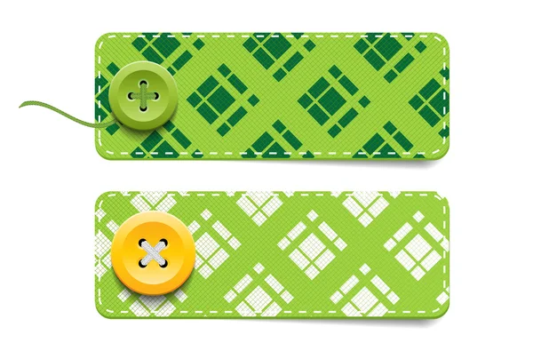 Green vector tartan fabric textured badges with buttons — Stock Vector