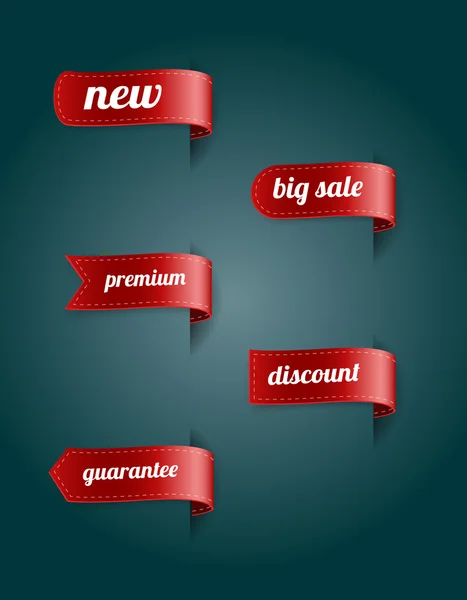 Vector red silky ruban tags collection. Nouveau, Big Sale, Premium, Remise, Garantie — Image vectorielle