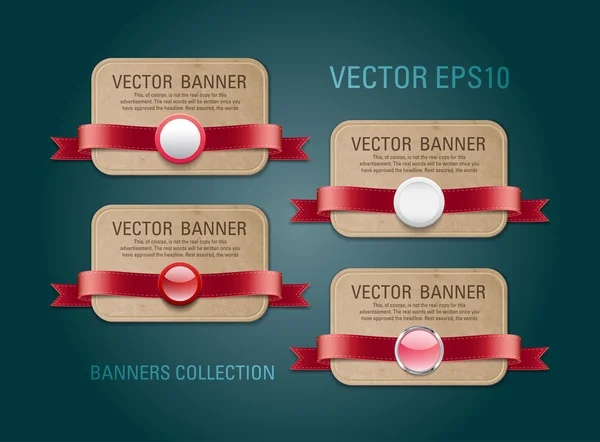 Un conjunto de banderas promocionales de papel de cartón horizontal vectorial decoradas con cintas rojas y varios botones - sellos — Vector de stock