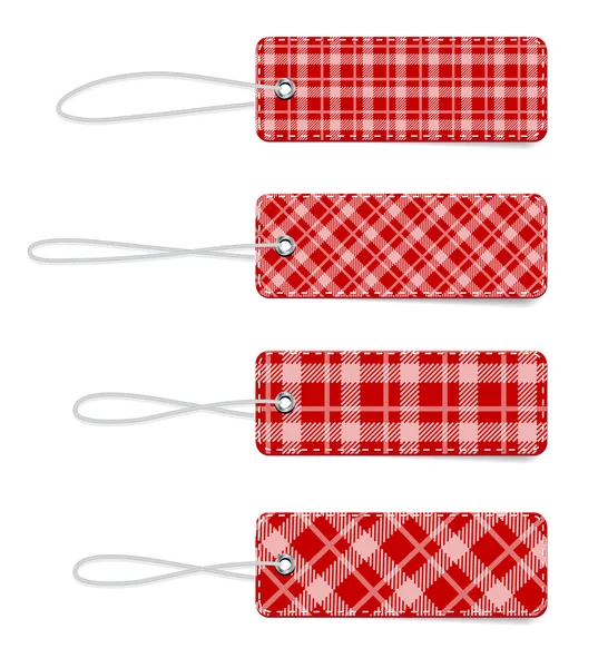 Red vector tartan fabric textured badges with straps — Stock Vector