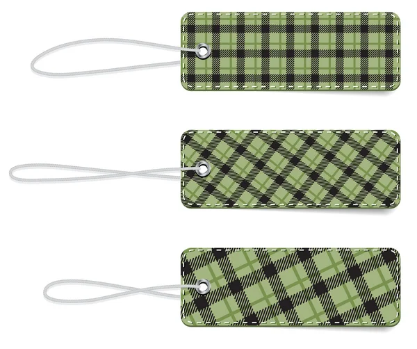 Dark green vector tartan fabric textured badges with straps — Stock Vector