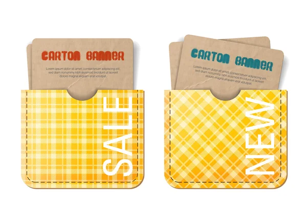 Cartes dans les poches. Bannières vectorielles avec carton - vieux papier et textures tartan jaune — Image vectorielle