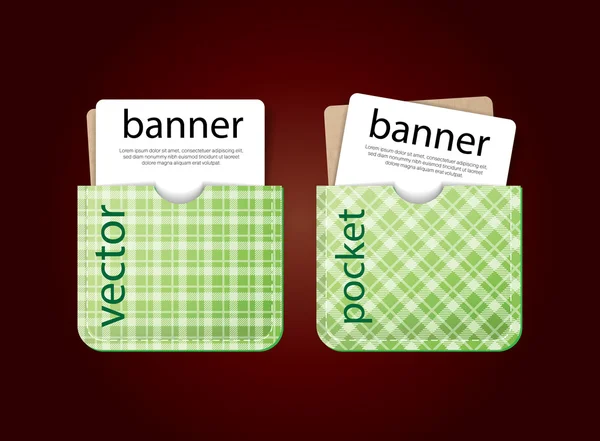 Cards in pockets. Vector banners with cardboard - old paper and green tartan textures — Stock Vector