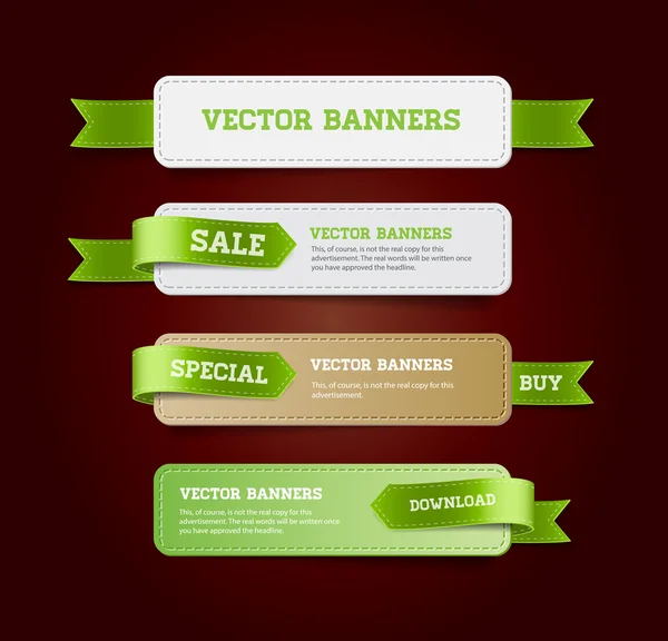 Eine Reihe von Vektor-Promo-Bannern mit grünen Bandanhängern — Stockvektor