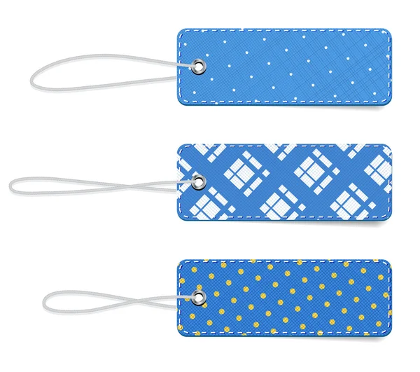 Blue vector tartan and dotted fabric textured badges with straps — Stock Vector