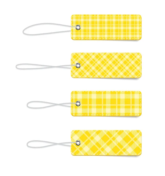 Yellow vector tartan fabric textured badges with straps — Stock Vector