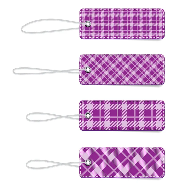 Purple vector tartan fabric textured badges with straps — Stock Vector