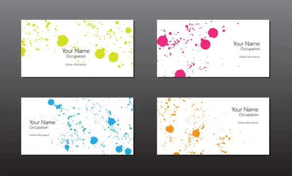 Four vector business cards template with colorful paint splatters — Stock Vector
