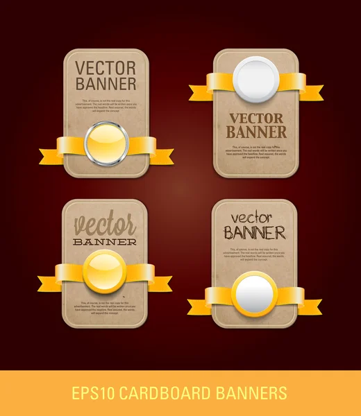 Un conjunto de banderas promocionales de papel de cartón vertical vectorial decoradas con cintas amarillas y varios botones - sellos — Vector de stock