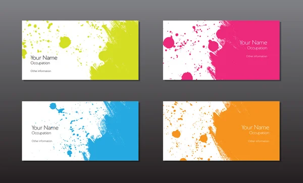 Four vector business cards template with hand painted brush strokes backgrounds with splatters — Stock Vector