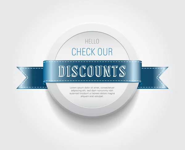 Vector plastic round badge - banner decorated with blue ribbon, "Discounts" — Stock Vector