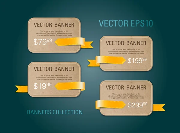 Um conjunto de banners promocionais de papel de papelão vetorial horizontal decorados com etiquetas de fita amarela — Vetor de Stock