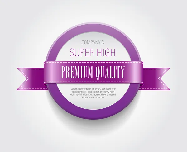 Vector plastic round badge - banner decorated with purple ribbon, "Premium Quality" — Stock Vector