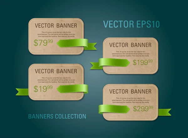 Zestaw poziomy wektor papier karton promocyjny banery ozdobione zieloną Wstążkę Tagi — Wektor stockowy