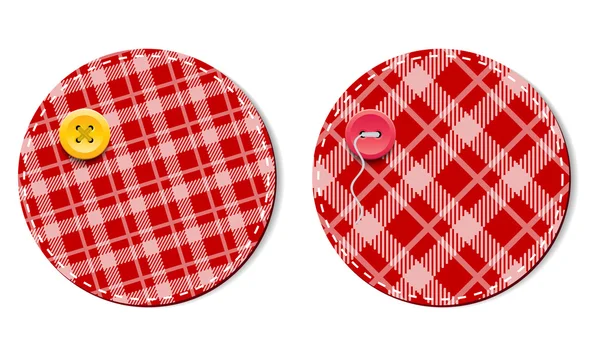 Red vector tartan fabric textured badges with buttons — Stock Vector