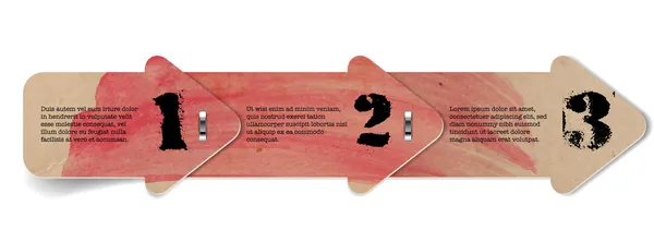 Bir iki üç adım okları, kırmızı el fırça darbeleri doku boyalı eski vintage kağıttan yapılmış, vektör — Stok Vektör