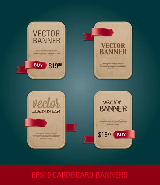Um conjunto de banners promocionais de papel de papelão vetorial vertical decorados com etiquetas de fita vermelha — Vetor de Stock