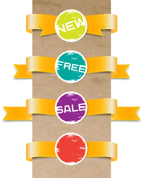 Een set van vector geel lint tags met ronde ronde grungy papier afdichten stickers — Stockvector
