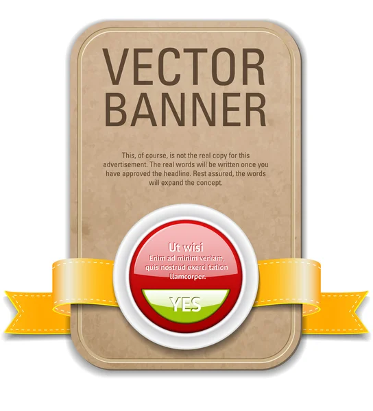 Bannière vectorielle en carton rétro avec ruban jaune doré et bouton en plastique rouge — Image vectorielle