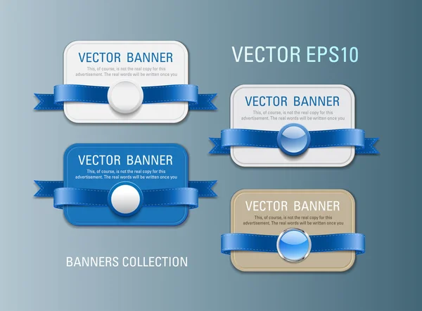 A set of horizontal vector promo banners decorated with blue ribbons and various plastic round seals — Stock Vector