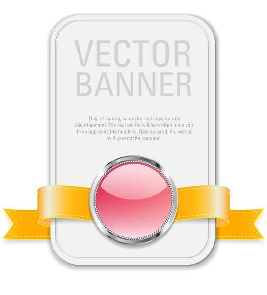 White vector banner with golden yellow ribbon and pink glossy glass button — Stock Vector