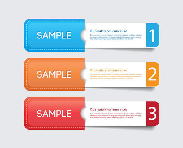 Three vector paper tags - labels - banners in the pockets, one two three steps