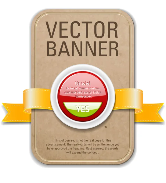 Retro cardboard vector banner with golden yellow ribbon and red plastic button — Stock Vector