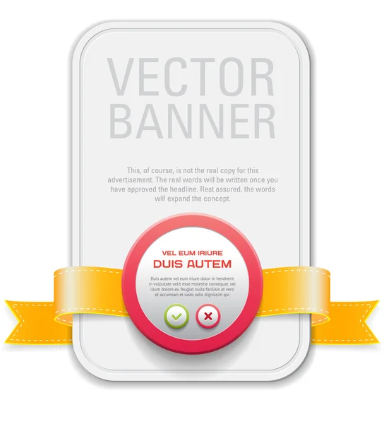 Banner de vector blanco con cinta amarilla dorada y botón de plástico con Ok — Vector de stock