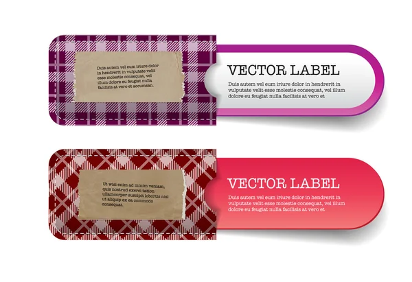 Abstrakt vektor vintage lila och röda märken med tartan texturerat fickor och trasiga gamla papper klistermärken på det — Stock vektor