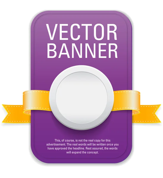 Purple vertical vector banner with golden yellow ribbon and white plastic button — Stock Vector