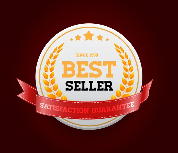 White vector round badge with red ribbon "Bestseller' — Stock Vector