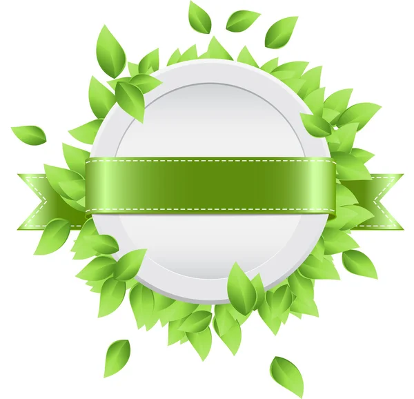 Vector white plastic banner - badge decorated with satin ribbon and fresh green leaves — Stock Vector