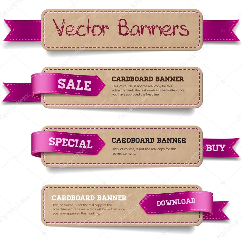 A set of vector promo cardboard paper banners decorated with purple ribbon tags