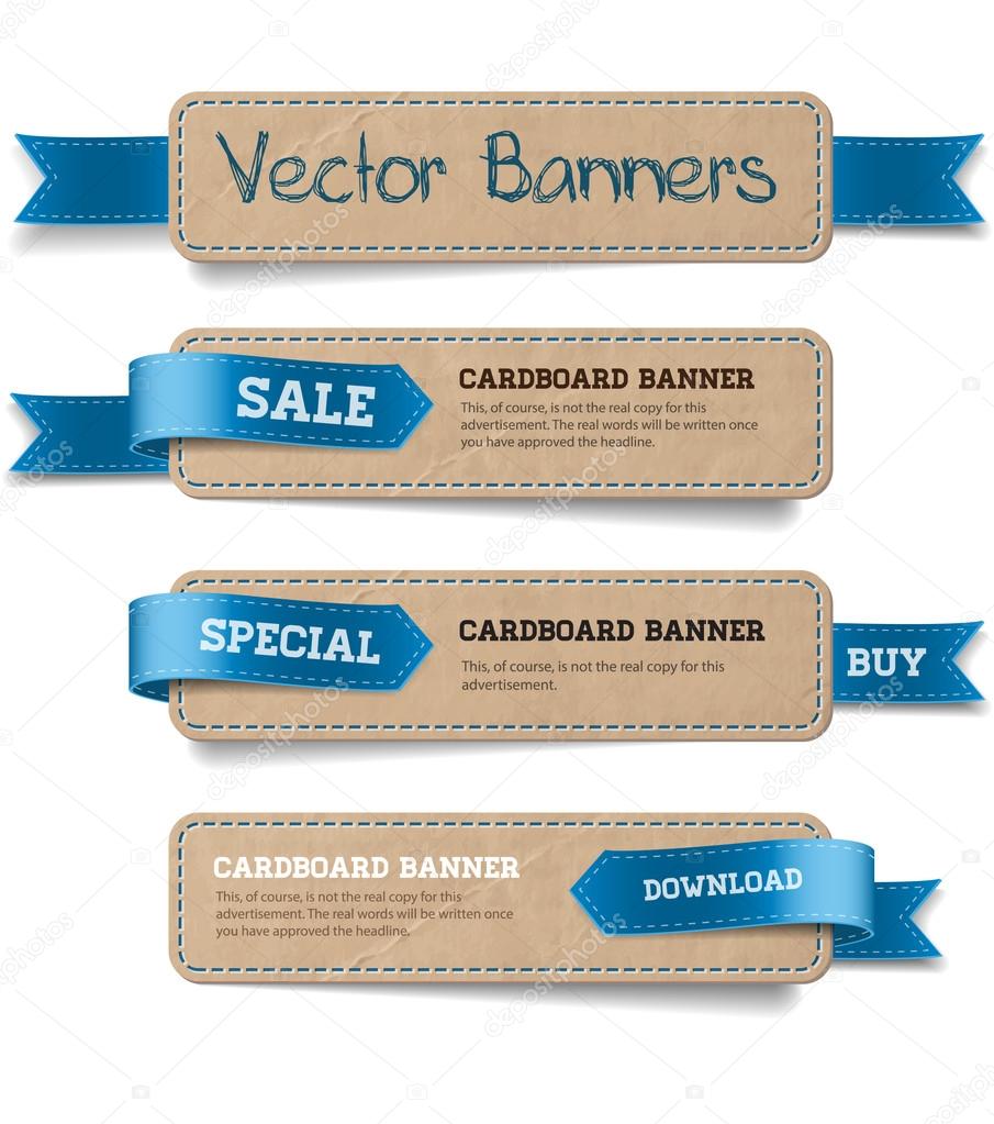 A set of vector promo cardboard paper banners decorated with blue ribbon tags