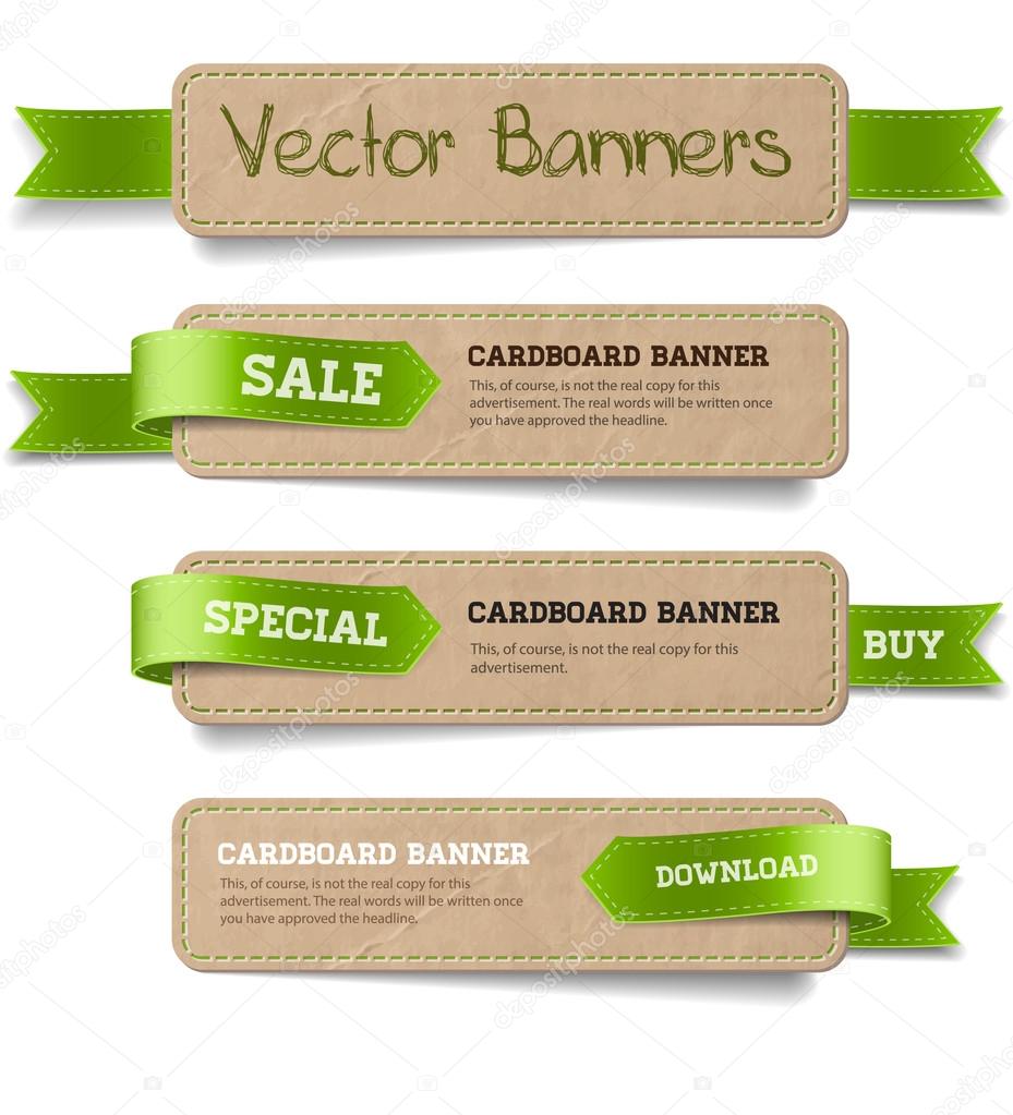 A set of vector promo cardboard paper banners decorated with green ribbon tags