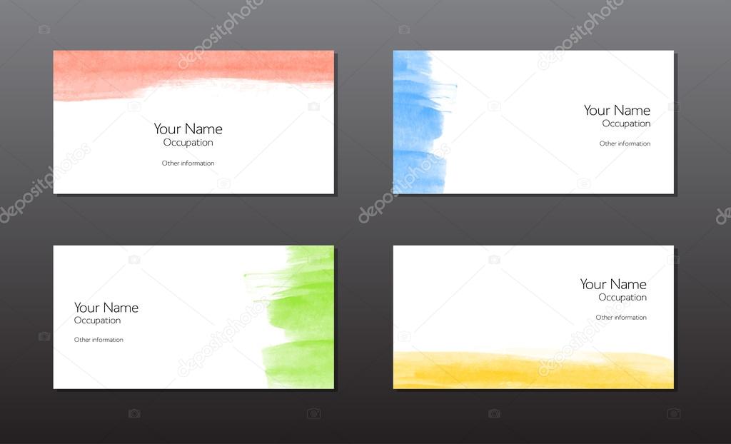 Four vector business cards template with hand painted brush strokes backgrounds with splatters