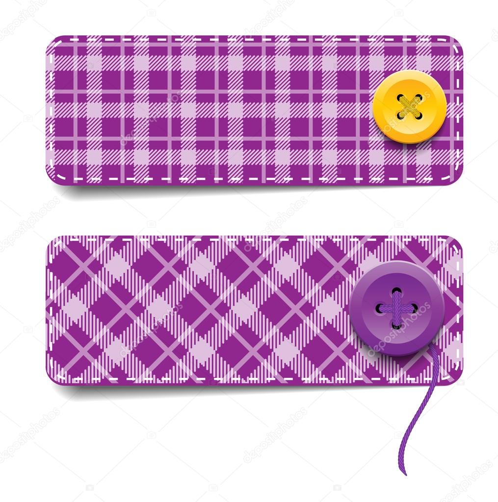 Purple vector tartan fabric textured badges with buttons