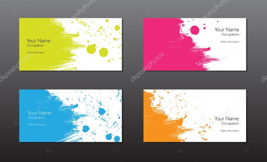 Four vector business cards template with hand painted brush strokes backgrounds with splatters