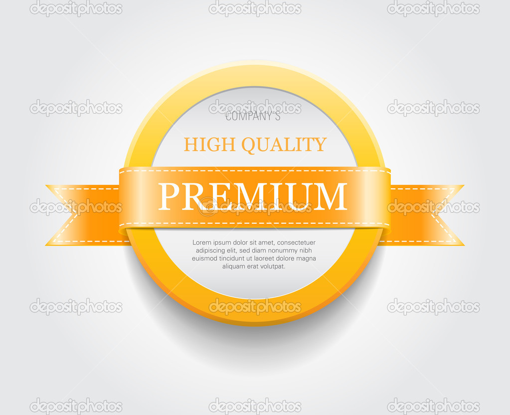 Vector plastic round badge - banner decorated with yellow ribbon, 