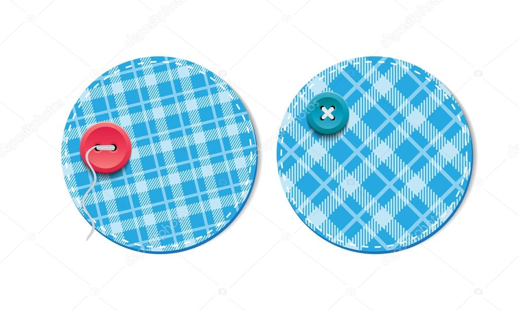 Blue vector tartan fabric textured badges with buttons