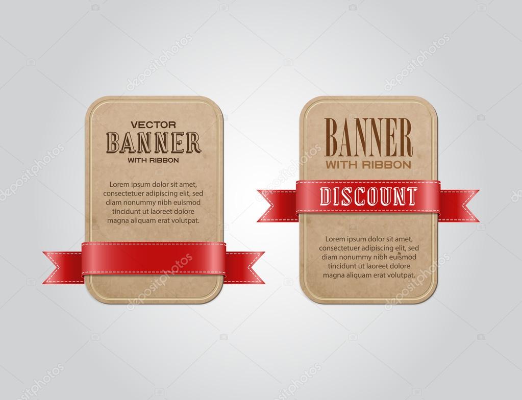 Vector retro vintage old banner with texture, decorated with red satin ribbon.